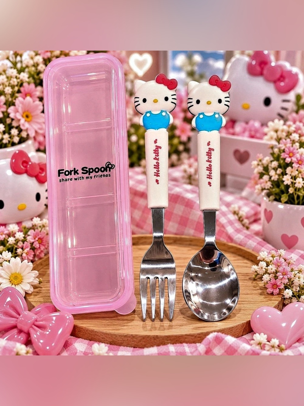 Hello Kitty Fork and Spoon Set with Storage Case, Pink & White NWT